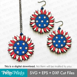 May include: A necklace and earrings set featuring a sunflower design with red, white, and blue colors. The center of each piece has a blue circle with white stars, and the petals are red and white. The text "This is a digital download. No item will be mailed to you." is visible.