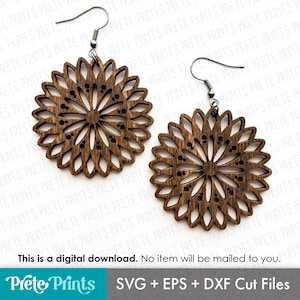 May include: A pair of wooden laser-cut earrings. Each earring features a floral design with intricate cut-out details. The earrings are brown with silver-colored ear wires. The image also includes the text "This is a digital download. No item will be mailed to you."