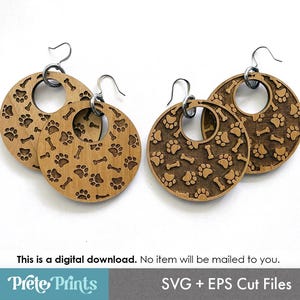 Hond patroon houten oorbellen SVG-bundel - digitale download, Glowforge Earring SVG, Laser Cut Earring-bestanden, Earring SVG-bestand, Paw Print Earring