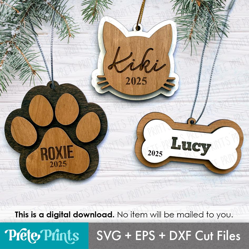 Pet Ornament SVG Bundle - Pet Christmas Ornament SVG, Personalize Cat & Dog Christmas Ornament Cut files, Glowforge SVG, Glowforge Christmas