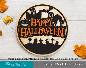 Happy Halloween Svg- Halloween Door Hanger SVG, Round Wood Sign SVG, Laser cut round, Glowforge SVG, glowforge Halloween