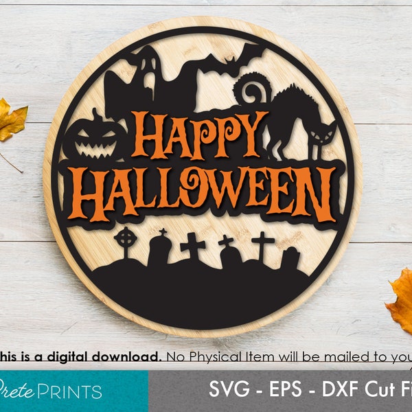 Happy Halloween Svg- Halloween Door Hanger SVG, Round Wood Sign SVG, Laser cut round, Glowforge SVG, glowforge Halloween