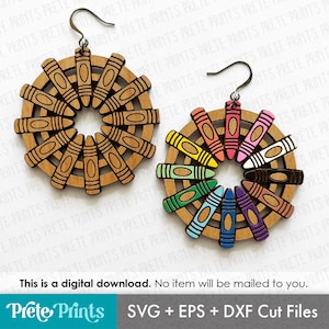 May include: Wooden earrings with a circular design of crayons. One earring is unpainted, while the other features a variety of coloured crayons. The earrings have a hook for easy wear. The image also includes the text: "This is a digital download."