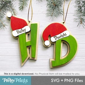 Ornement de lettre de Noël coupé fichier - drôle d'ornement de Noël SVG, ornement personnalisé, ornement de nom, SVG de Noël Glowforge