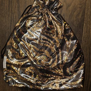 Shiny Gold Black Swirl Pattern Holographic Foil Dot Pole Dancer Gogo Money Bag Cash Purse Drawstring Rave Festival Stripper Exotic Unicorn