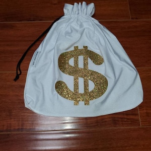 White Gold Sparkly Shiny Glitter Money Dollar Sign Entertainer Bride Stripper Exotic Dancer Money Bag Cash Purse Drawstring Rave Festival