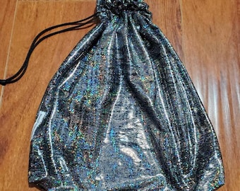 Silver Holographic Shiny Black Stretchy Bridal Wedding Stripper Exotic Entertainer Dancer Money Cash Drawstring Bag Purse Rave Halloween Fun