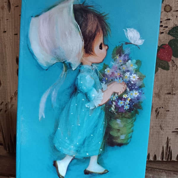 Vintage Hallmark Photo Album 1972 Turquoise Blue Big Eyed Girl Flower Basket Unused Retro