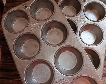 Vintage 1950's Eckoloy Silver Beauty 8 Cup Muffin Cupcake Baking Pans Mid Century Aluminum Set of 2 Kitchen Farmhouse Decor