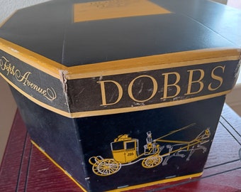 Vintage Mid Century Dobbs Fifth Avenue New York Hat Box Horse Carriage Hexagon Black Yellow 1950's 60's