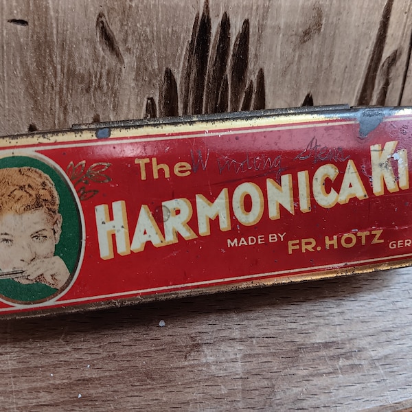 Vintage 1930's Harmonica Toy Case Holder Made By FR. HOTZ Germany Tin Can Container Advertising Display Retro Decor Red Gold White