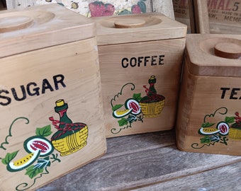 Mid Century Dovetail Wood Nesting Containers Boxes Sugar Coffee Tea Hand Painted Wine Fruit Leaf Design Set of 3 Ucagco Japan