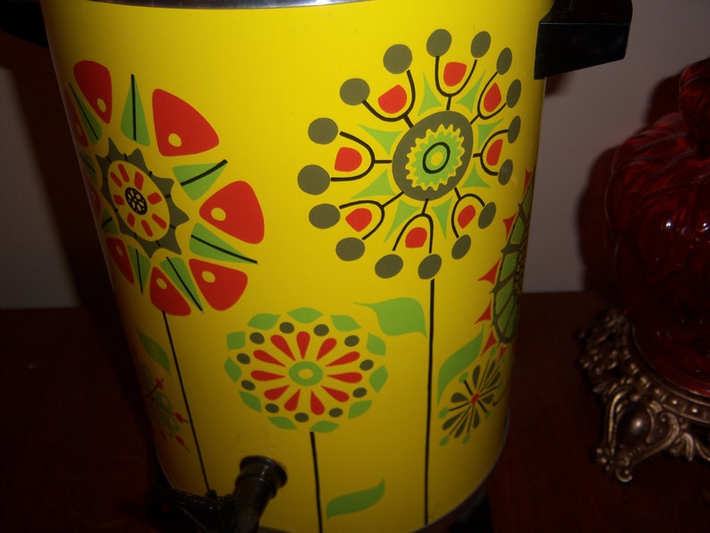 Vintage MCM Retro Decor Hippie Yellow West Bend 30 Cup Coffee Percolator Floral Green Orange Nice Complete