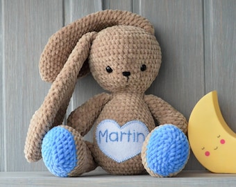 Crochet beige plush personalized bunny with long ears
