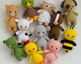Baby farm animals Country animals Crochet mini toys : bee, duck, mouse, cat, dog, cow, horse, sheep, chick, frog, pig Stand with Ukraine