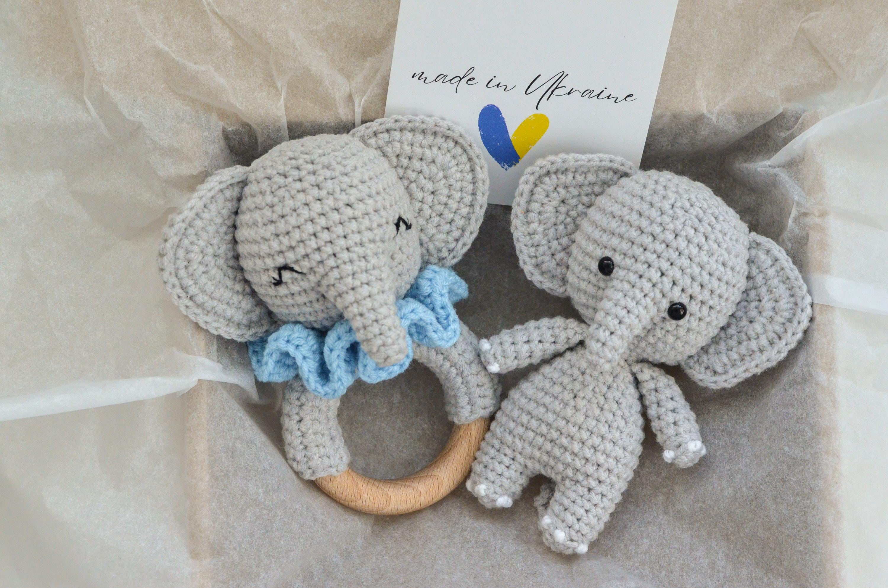 Crochet Elephant Rattle Set Soft Baby Rattle with Wooden Ring + Mini Toy  Newborn Gift Baby Shower Present  Safe Embroidered Eyes