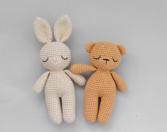 Amigurumi Bunny and Bear set Soft baby safe Crochet toys Baby shower gift Sleepy eyes stuffed animals