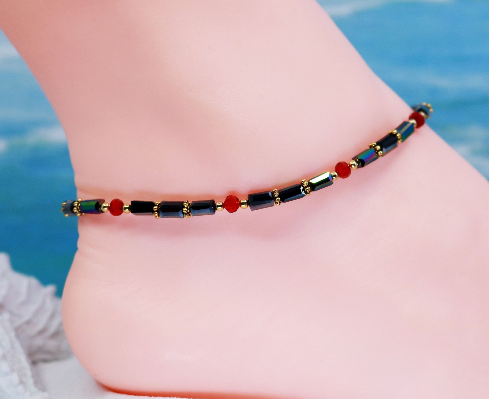 Black ankle bracelet red gold handmade anklet anniversary gift Etsy