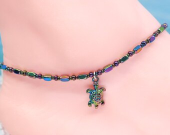 Turtle charm anklet, rainbow anklet, boho anklet. gift under 30