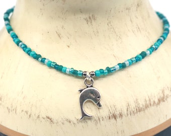 Blue dolphin anklet, seed bead anklet, ankle bracelet, gift for her