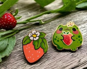 Cute Frog Enamel Pin, Strawberry Froggy Brooch, Kawaii Jewelry Gift, Fun Animal Pin, Frog Lover Gift,  Fruit Froggy Brooch, Kawaii Jewelry