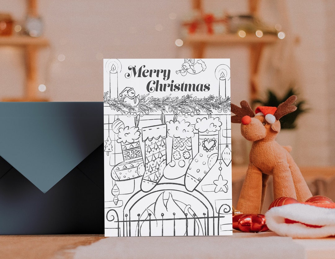 Printable Coloring Christmas Card || Xmas Stocking Card || 4x5 Instant ...