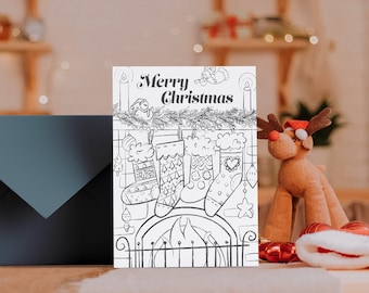 Printable coloring Christmas Card || Xmas stocking Card || 4x5 Instant Download || Holiday Greeting Card || Holiday Card Design