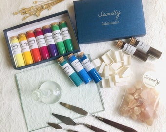 12 sets of natural+man made segments, including Glass Muller and glass color palettes, Arabic gum, and other tools Suimolly handmade pigment