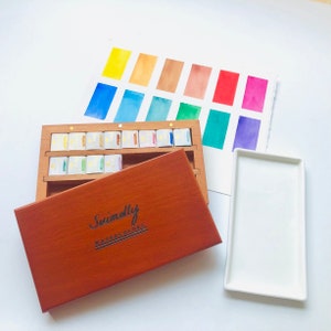 Suimolly handmade watercolor 12-color watercolor paint （wooden box ,palette, paint）