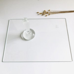 May include: A clear glass cake stand with a round base and a tall, cylindrical pedestal. The stand is on a white surface.