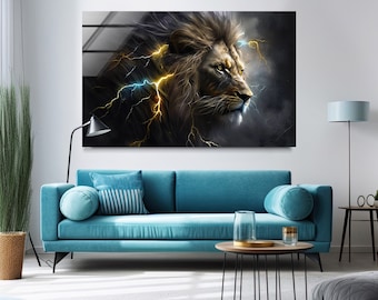 May include: A digital art print of a lion's profile, featuring a golden mane and striking yellow and blue lightning bolts. The artwork is displayed above a teal sofa, adding a bold statement to the room's decor.