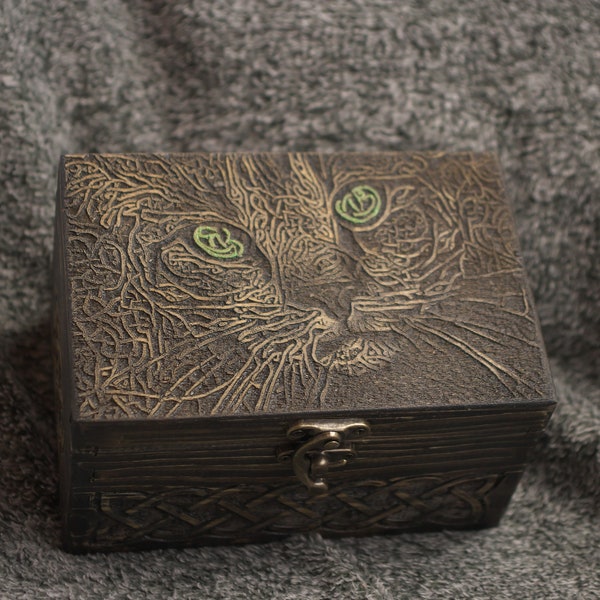 Secret Compartment Celtic Cat themed jevelery box/casket with hidden section