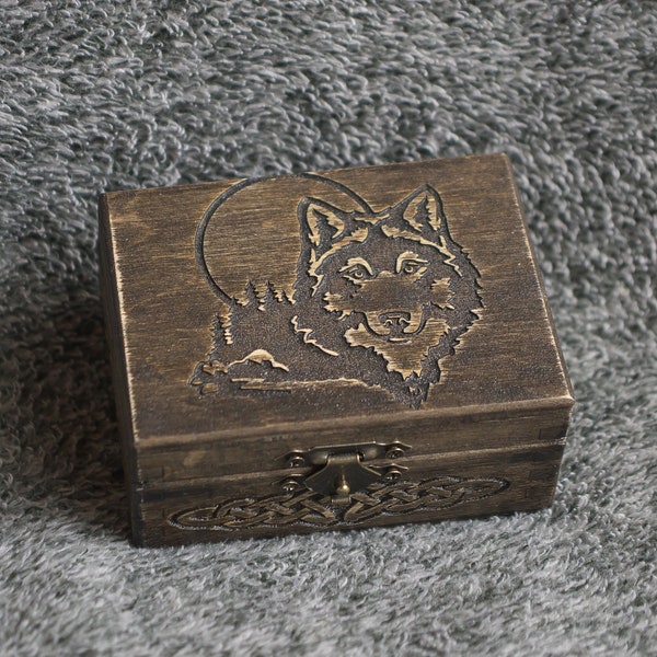 Mini coffret/coffret à bijoux en bois sur le thème du loup celtique