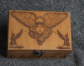 Protection Valkyrie themed mini wooden jevelery boxcasket Algiz rune