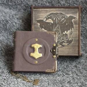 Viking Mjolnir series Handmade leather gray paper notebook in wooden box