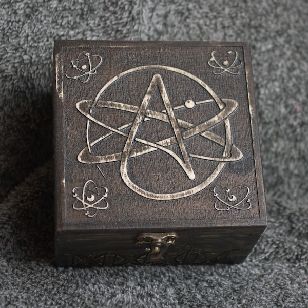 Atom - Atheism - Science themed wooden jevelery box/casket - hidden compartment possible