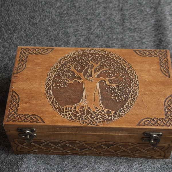 Big Secret Compartment Celic Tree of Life themed jevelery box with hidden section 10x6x4inch