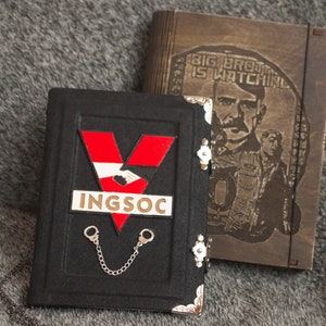 Orwell's "1984" inspired Handmade leather white paper notebook  in wooden box