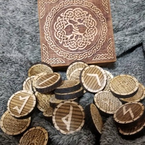 Ash wood Elder futhark runes set with Celtic Tree - for divination - Wooden runes set in box+gift