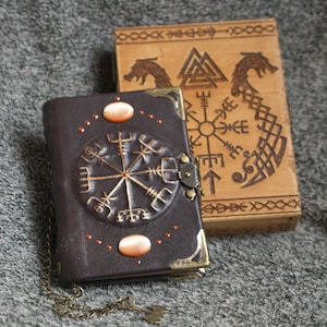 Viking themed Vegvisir - Runic Compass series handmade leather notebook in wooden box