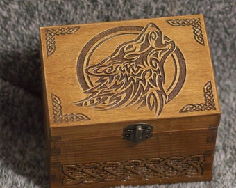 Secret Compartment Celtic Wolf themed medium jevelery box/casket with hidden section