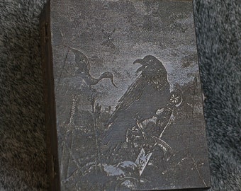 Ravens on the Battlefield - man's themed wooden jevelery box/casket - book-shaped - brown