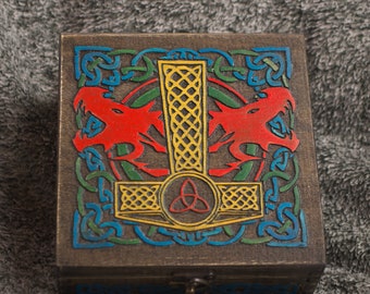 Mjolnir and Dragons themed wooden jevelery box/casket - hand painted