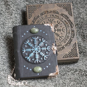 Viking Helm of Ave themed handmade leather notebook in wooden box