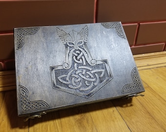 Viking - Mjolnir and Thors - themed wooden jevelery box/casket - 10"x7"x2"