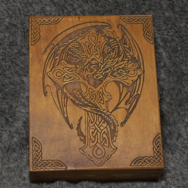 Celtic Cross and Dragon themed wooden jevelery box/casket - book-shaped - Black