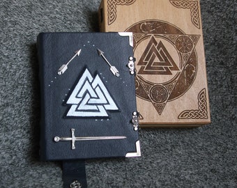Viking Valknut themed handmade craft paper leather notebook in wooden box