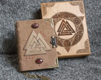 Viking Valknut themed handmade craft paper suede notebook in wooden box