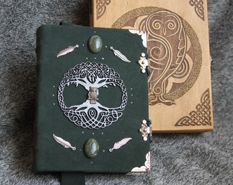 Celtic Owl Tree of Life themed handmade suede craft paper notebook  in wooden box