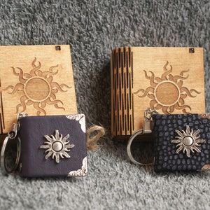 Sun themed handmade leather keychain craft paper notebook in wooden box